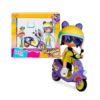 Pinypon TOP Moto Girl Figura Articulada de Brazos y Piernas Set de Chica Top con su Moto Incluyen Casco y Gafas Ropa y Zapatos Intercambiables Doble Cara y Decoración +4 años Famosa PNN03000