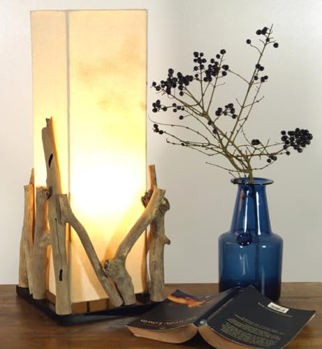 Lampe de Table / Table LampeLesotho, Fait à la Main à Bali Matériau Naturel Unique, Bois Flotté, Coton - Modèle Lesotho, Boisdedérive, 50x20x20 cm, Natureelights, Lampes de Table en Matériau Naturel