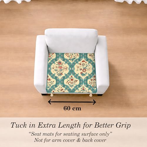 Image of Cloth Fusion Quilted Sofa Cover Seat Mat 1 Seater, Floral Damask | Reversible Jaipuri Print, 60 cm, Seat Cover Only, Decorative Tassel Edging With A Spare, Easy Tuck-In Hold, Not Anti-Slip