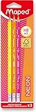 Maped - 3 matite grafite HB2 al neon- Matite per carta FSC HB punta gomma - Forma triangolare ergonomica - Miniera resistente