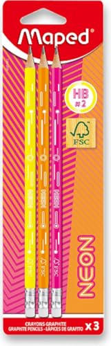Maped - 3 Crayons Graphite HB2 Néon- Crayons à Papier FSC HB Embout Gomme - Forme Triangulaire Ergonomique - Mine Résistante