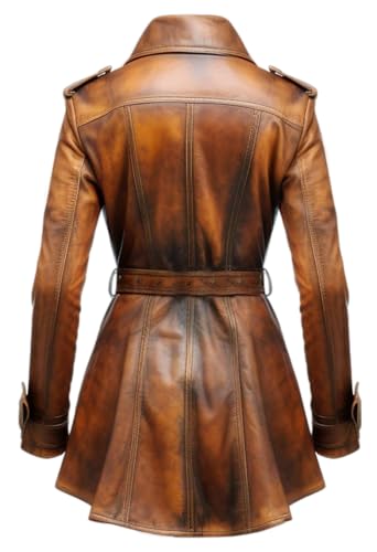 Camel Waxed Distressed Designer Women Real Leather Trench Coat Blazar3