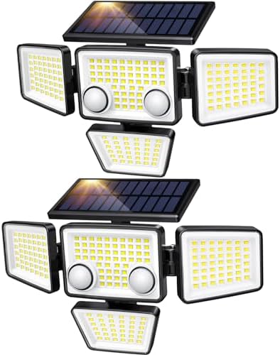 LYWALT Solar Outdoor Lights - 3000LM 188 LED Motion Sensor Outdoor Lights, 4 Heads Security Light,IP65 Waterproof, Easy Install,270°Wide Angle Flood Wall Light with 3 Modes for Backyard Yard (2 Pack)