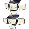 Luces solares para exteriores, 3000 lúmenes, 188 luces LED con sensor de movimiento, luces de seguridad de 4 cabezales, impermeable IP65, fácil de instalar, luz de pared de inundación de gran