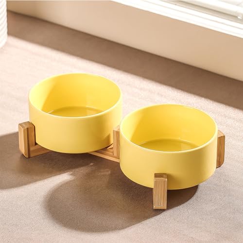 Ceramic Dog Bowl Elevated Set, Elevated Dog Bowls with Stand for Food & Water, Ceramic Dogs Bowls Elevateds for Small Medium Dogs and Home Décor 980 ML (Cream Yellow,L)