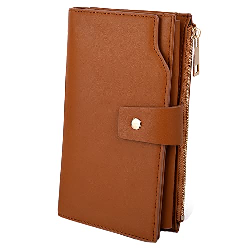 UTO Femme Portefeuille Porte-Cartes Blocage RFID en PU Cuir avec Bracelet Grande Capacité(21 emplacements de Cartes) Poche Intérieure Convient aux Portables 5.5'' Brun