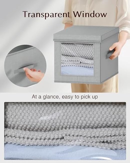 Collapsible Storage Bins with Lids - Foldable Decorative Storage Boxes with Side Window, 15 Inch Closet Boxes with Handles, Organizer Bins for Living Room, Deep Shelves, 5 Pack, Grey