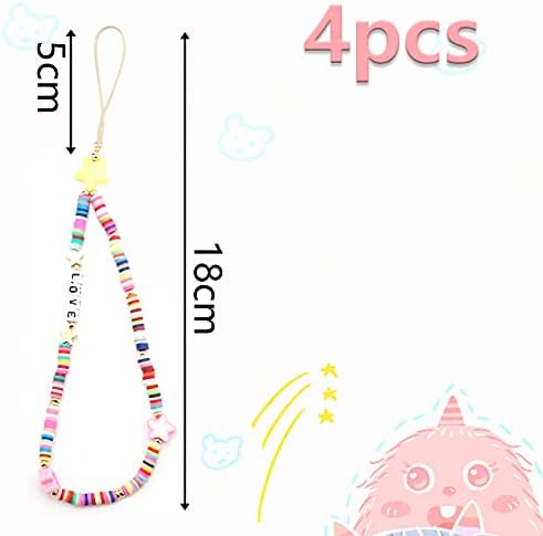 AIEX 4pcs Colorful Phone Lanyard Beaded Phone Charm Wrist Strap Rainbow Smiling Face Clay Flower Fruit Star-shaped Clay Letters Handmade Acrylic Beads Key Chain Accessory for Women Girls