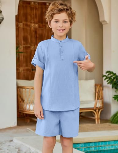 Image of Arshiner Boy's 2 Pieces Linen Sets Short Sleeve Henley Shirt and Shorts Summer Beach Matching Outfits 4-12 Years