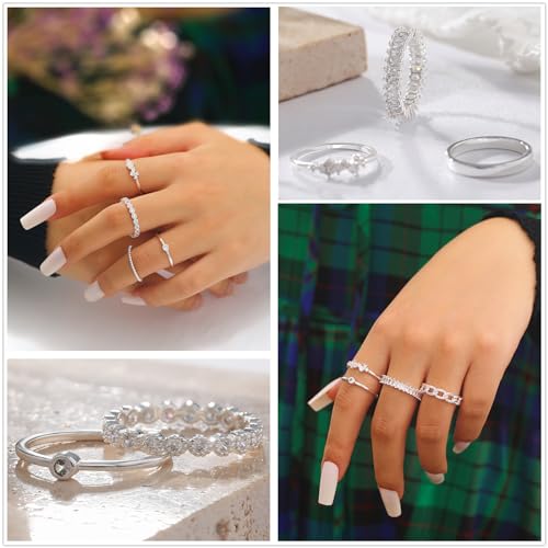 ZNBOH Gold Silver Plated Stacking Rings Set for Women 14K Dainty Stackable Thumb Knuckle Cute Ring for Women Pinky Finger Fashion Band Thin Simple Plain Chain CZ Rings Size 6-11 — view 4