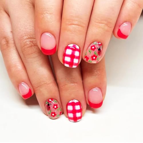 Gingham Press on Nails with Summer Picnic Design Glossy Red French Tips False Nails Flower Fake Nail Ladybug Stick on Short Square Fingernails Floral Glue on Nail for Women Daily Wear