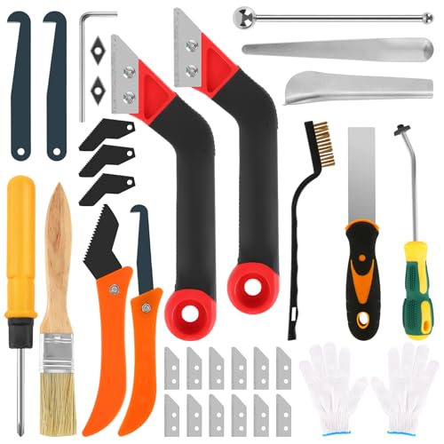 33 Pcs Grout Removal Tool Kit, 2 Tile Grout Saws with 12 Extra Blades, 2 Hand Grout Saw and 2 Cleaning Blades, Caulk Remover for Bath Shower, Ideal for Floor Tile Grout Cleaning