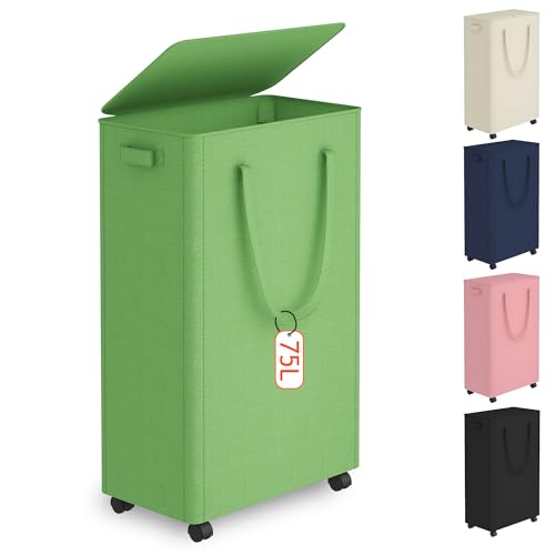 Image of Slim Laundry Hamper with Wheels,20 Gal (75L) Rolling Laundry Basket with lid and wheels Clothes Hamper Foldable Tall Dirty Clothes Basket Sturdy Collapsible Clothes Hamper for Dorm,Laundry Room