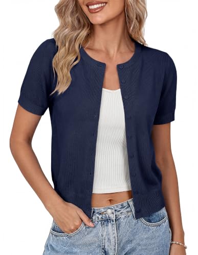 Image of GRACE KARIN Women Short Sleeve Cardigan, 2026 Summer Knitted Sweater Tops, Basic Crew Neck Crop Outfits