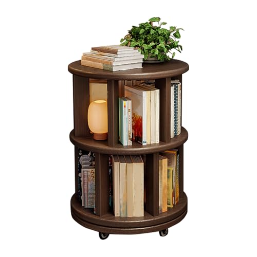 2 Tier Bookshelf Tower, 360° Solid Wood Spinning Bookcase with