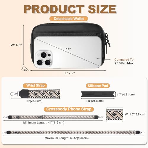 Image of YFWE Clip and Go Strap for Phone with Wallet Crossbody, Adjustable Phone Lanyard with Detachable RFID Wristlet Wallet, Pattern Strap - Black (L)