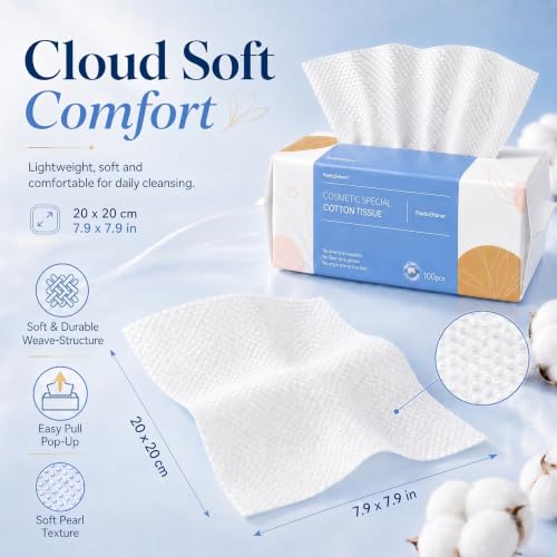 Image of PoeticEHome Soft Dry Wipe 6 Pack, 100% Cotton Face Tissues, Lint Free Facial Cleansing Towels Disposable, Extra Thick Dry and Wet Use for Sensitive Skin, Makeup Removing, Surface Cleaning (600 Count)