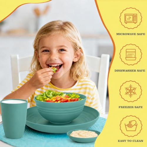Image of Unbreakable Wheat Straw Dinnerware Set 16 PCS - Kids Plates and Bowls Set for 4,Dishwasher & Microwave Safe Lightweight Toddler Plates and Bowls Set for Party Camping Kitchen - Green