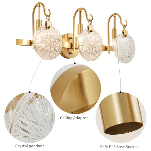 Image of WUZUPS 3-Light Bathroom Light Fixture Over Mirror Morden Vanity Wall Sconces Clear Glass Shade for Bedroom Living Room, E12 Base, Brass Gold