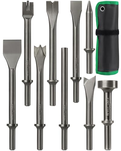 9pcs Air Hammer Chisel Set 0.401 Shank Pneumatic Hammer Bits with Canvas Pouch Air Punch Chipping Chisel Attachments for Auto Body Repair Rivet Tile Masonry Rust Removal Concrete Stone Demolition