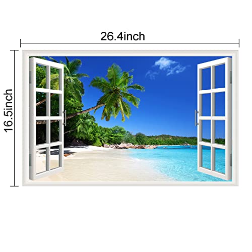 Amtoodopin 3D Beach Fake Window Wall Stickers Tropical Island With Palm Trees Wall Mural Window View Wall Decor For Home #TOP5