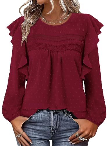BETTE BOUTIK Womens Boho Fall Long Sleeve Shirts Crewneck Dressy Casual Blouses Trendy Flowy Tops