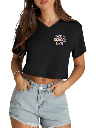 Image of Womens Crop Tops Short Sleeve V Neck Summer Cropped T Shirts Baisc Tees