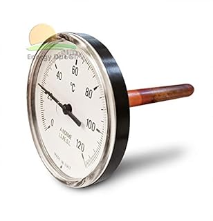 Termometro bimetallico con pozzetto lungo gambo 10 cm, scala 0-120°C, diametro 62 mm, filetto 1/2"M