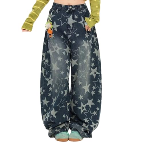 OTEEGX Baggy Jeans for Women Girls Star Wide Leg Barrel Jeans Embroidered Patchwork Cute Denim Pants Trendy Clothes Blue2-S
