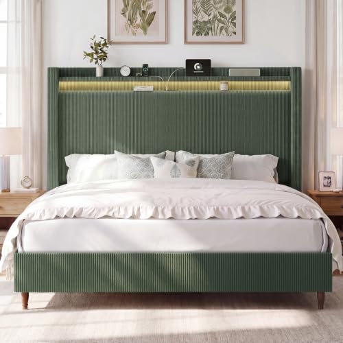 Image of Queen Size Bed Frame with 55.3 inch Tall Headboard, Corduroy Upholstered,Green