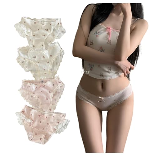 Floral-print Cotton Panties for Teen Girls Cottagecore Underwear Ruffle Trim Mid Waist Briefs Light-colored Crotch