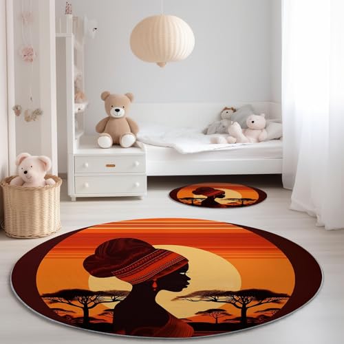 Alfombra Redonda para Sala de Estar 90 cm, Tradicional Silueta Femenina Africana Atardecer Imprimir Pelo Corto Franela Alfombra Redonda - Naranja Negro Antideslizante Lavable Alfombras para Dormitorio