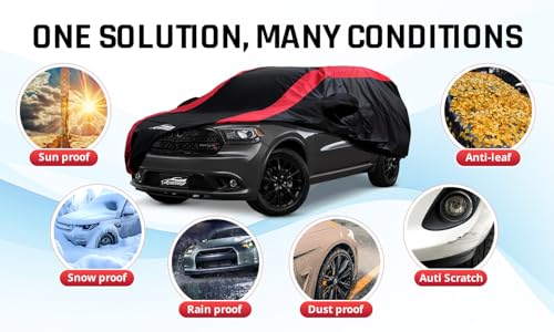 Image of Car Cover Custom Fit Dodge Durango 2004-2025, SUV Cover Waterproof All Weather with Red Strip Design for Rain, Sun, Snow, Dust Protection