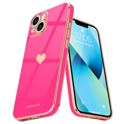 Teageo for iPhone 13 Mini Case Cute Heart Pattern for Women Girls Slim Luxury Bling Plating Soft TPU Anti-Scratch Shockproof Bumper Phone Case for iPhone 13 Mini, Hot Pink