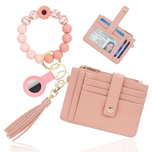Image of Wristlet Wallet for Women, Keychain Wallet with AirTag Holder | 9 card slots,ID window & zipper pocket,RFID,beaded wrist strap and compact design for travel,shopping and daily carry.