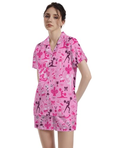 Image of Funny Pajamas for Women Set Print Satin Loungewear Pjs Short Sleeve Button Down Top and Shorts Sets Sleepwear XS-3XL