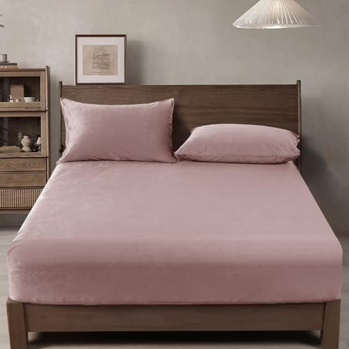 PHF Truly Velvet Fitted Sheet Queen Size, 1 Pack Luxury Super Soft Cozy Comfy Flannel Bottom Sheets with 15" Deep Pocket, Suitable for Fall Winter and Spring, No Pillowcases, Rose Pink
