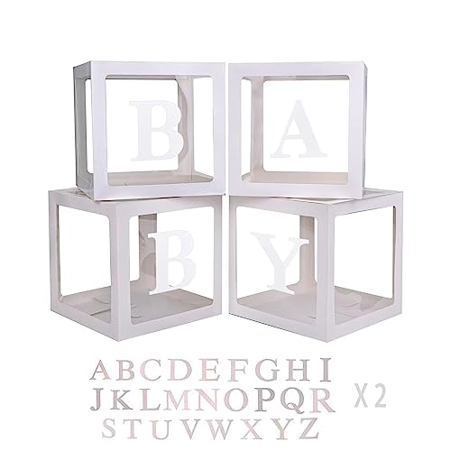 Baby Shower Boxes with Letters, 4pcs Transparent Baby Blocks for Baby Shower with 52 Letters (2 set A-Z) for BABY Custom NAME or GRAD, Girl Boy Gender Reveal Bridal Shower Birthday Party Decor