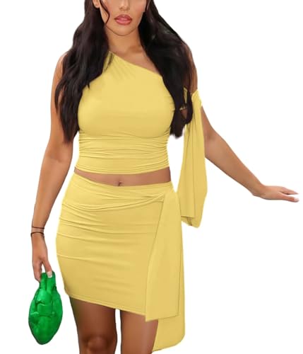 Image of Women Two Piece Skirt Set Sexy Tie Crop Top & Mini Skirts Outifts | Soft Breathable, Built-in Short, Sleeveless One Shoulder Tops, Multi-wear, Summer Party Club Outfit, Bodycon Mini Skort Sets