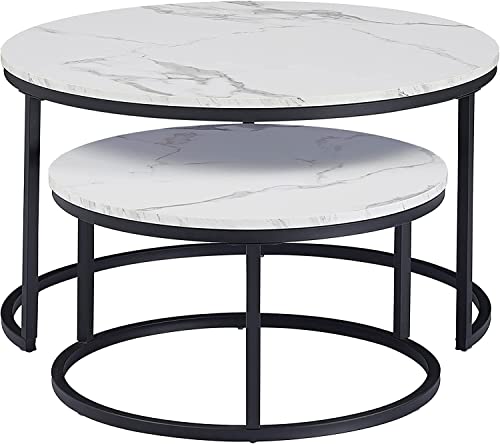 Image of HJhomheart 2 Sets of Nesting Tables, Round Coffee Table, Coffee Table for Living Room, Large: 60x60x45cm; Small: 40x40x35 cm, White+Black