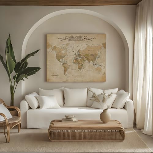 Image of DECORARTS - Large Antique Vintage World Map Canvas Wall Art, Old World Maps for Wall Decor, Hand-Stretched Giclee Print, Home Office Statement Piece, Handcrafted in USA, 35x28''