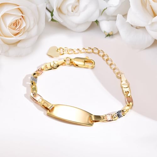 Personalized Baby ID Bracelet - 18K Gold Plated Tri-Color Chain Custom Name ID Plate Bar Bracelet for Children Toddler from Mom,Engraved Kid Name Customized Birthday,Back To School Gift for Daughter2