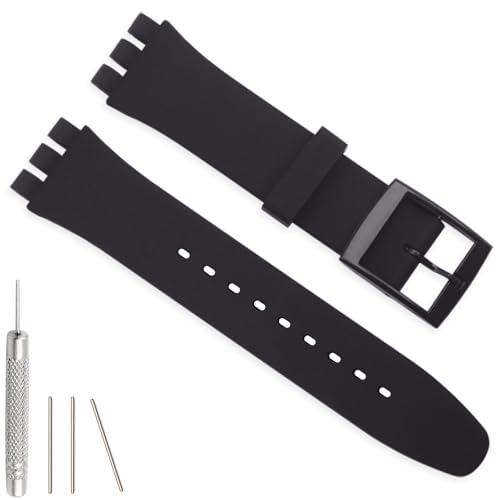 Hijiawee Silicone Band for Swatch 17mm 19mm 20mm, Replacement Waterproof Wristband Watch Strap for Swatch 20mm/19mm/17mm for Women Men (19mm, Black)