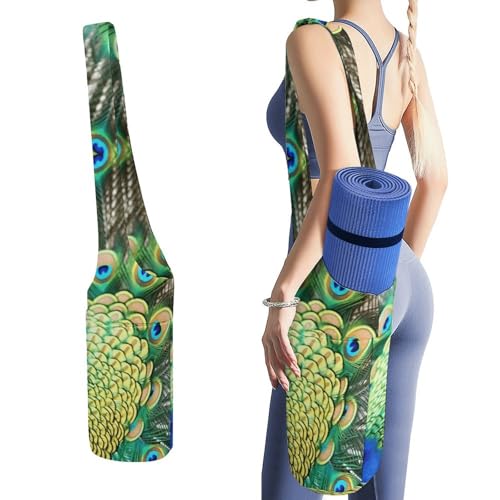 Sac de rangement tapis de yoga grand format avec sangle et motif imprimé paon