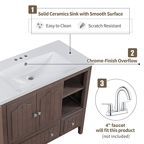 Merax 36 Inch Bathroom Vanity With Sink And Countertop, Ceramic Basin, Cabinet With Soft Closing Doors And Drawers, Adjustable Shelf, Solid Wood Frame, Brown #TOP1