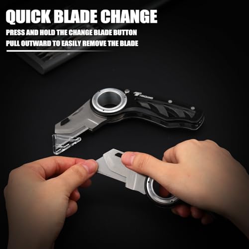 Image of Tondiamo 2 Pcs Folding Pocket Utility Knife Heavy Duty Box Cutter Folding Razor Knife with Anti Slip Finger Loop Easy Change Blades 3 Lock Positions Design (Black)
