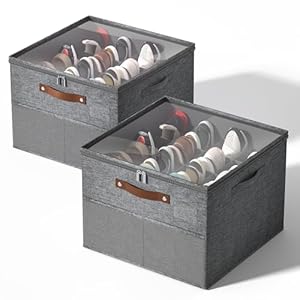 Furnhome Shoe Organizer for Closet Foldable Shoe Storage Bins with Clear Cover Adjustable Dividers Shoe Storage Organizer Shoe storage box with Classic Leather Handle Label Card Mesh Pockets