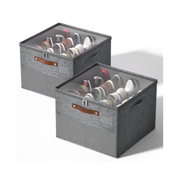 Furnhome shoe organizer for closet foldable shoe storage bins with clear cover adjustable dividers shoe storage organizer shoe storage box with classic leather handle label card mesh pockets  urban country home decor
