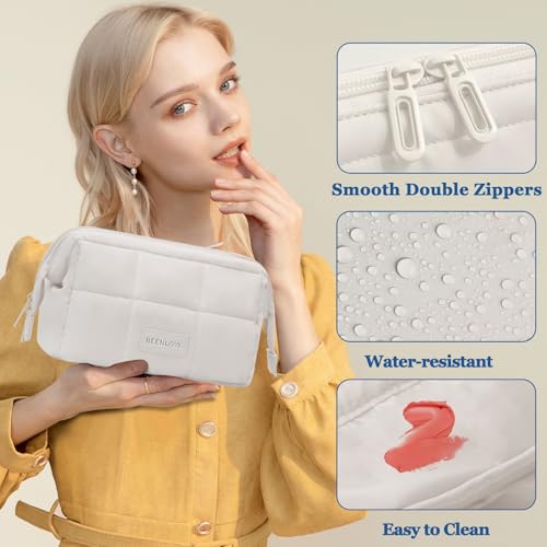 Image of Puffy Makeup Bag Travel Toiletry Bag, Waterproof Make Up Bag for Women, Lightweight Wide-open Cosmetic Bag with Multiple Compartments, Pouch Travel Essentials Toiletries, Beige