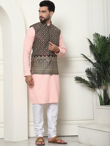Image of SOJANYA (Since 1958 Men's Cotton Linen Maroon Kurta and White Pyjama with Mustard Cotton Nehru Jacket